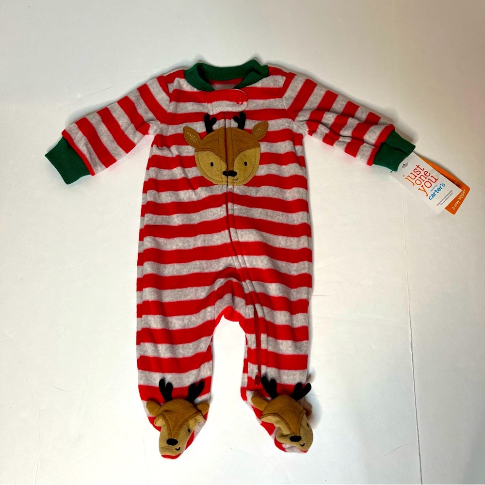 Carters Fleece striped Reindeer baby sleeper onesie, Size Newborn, New!